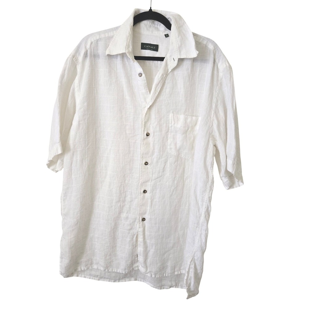 Canali Mens 16.5 Short Sleeve Button Up Shirt White Linen Grid Made in Italy 42